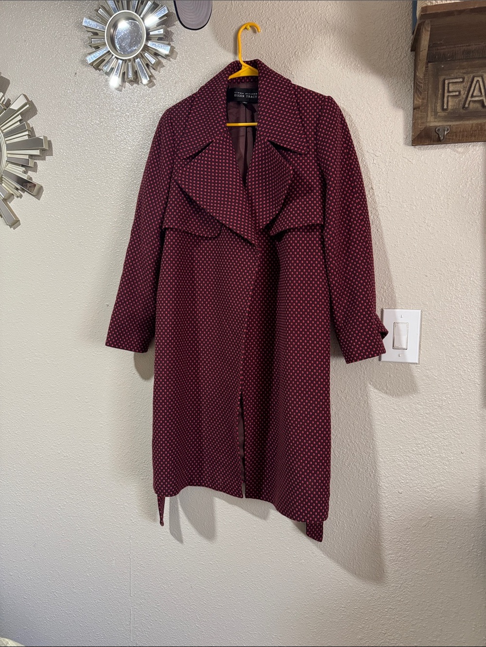 Ellen Tracy Maroon Polka Dot Trench Coat100%wool.